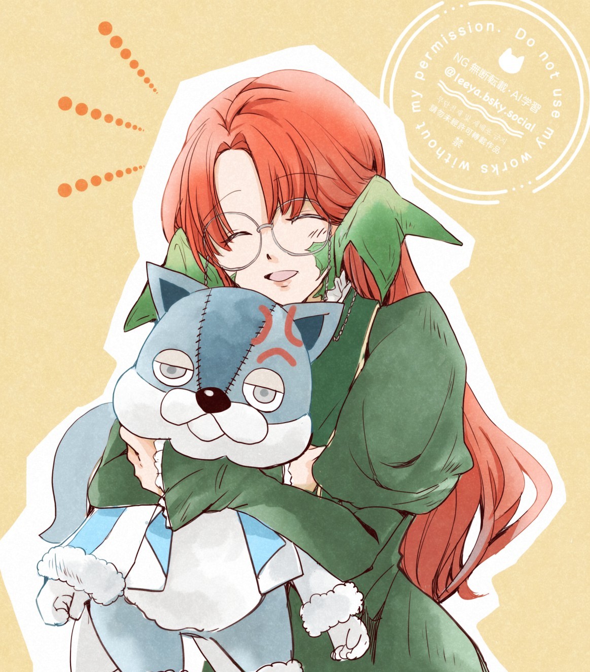 final fantasy, final fantasy xiv, commentary request, highres, 1girl, anger vein, au ra, calyx (ff14), closed eyes, dragon horns, dress, eyebrows hidden by hair, glasses, green dress, halmarut (ff14), horns, hug, hug from behind, juliet sleeves, leeya (shironeko no shippo), light blush, lips, long hair, long sleeves, looking at viewer, open mouth, orange hair, puffy sleeves, scales, smile, stuffed squirrel