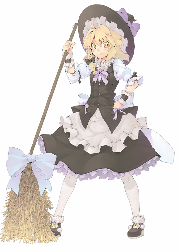 morino hon, kirisame marisa, touhou, 1girl, blonde hair, braid, broom, female focus, hand on own hip, hat, short hair, simple background, solo, standing, white background, witch, witch hat, yellow eyes