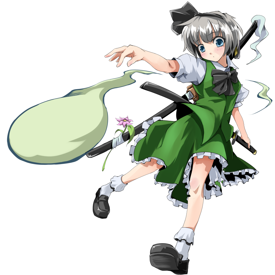 natsu no koucha, konpaku youmu, konpaku youmu (ghost), touhou, silver hair, 1girl, blue eyes, female focus, flower, full body, hairband, katana, short hair, solo, sword, transparent background, weapon