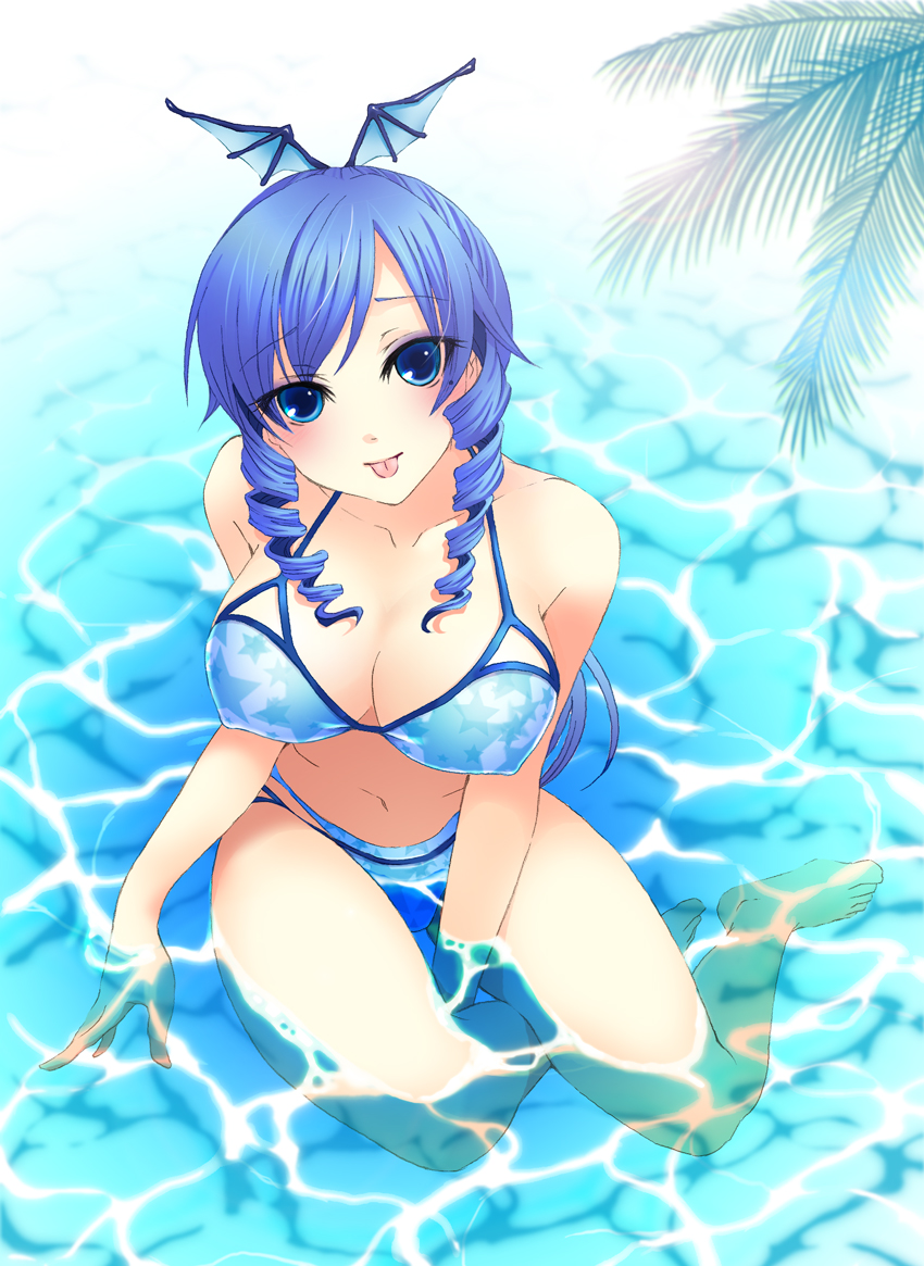 naa, warin, umi monogatari, 00s, 1girl, :p, artistic error, barefoot, bat wings, bikini, blue eyes, blue hair, breasts, drill hair, female focus, head wings, large breasts, long hair, matching hair/eyes, mole, mole under eye, print bikini, solo, star (symbol), star print, star print bikini, submerged, swimsuit, tongue, tongue out, water, wings