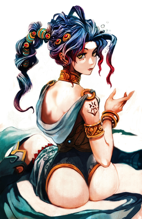 lack, original, bad id, bad pixiv id, 1girl, ass, blue hair, bracelet, female focus, jewelry, long hair, looking back, sitting, solo, yellow eyes