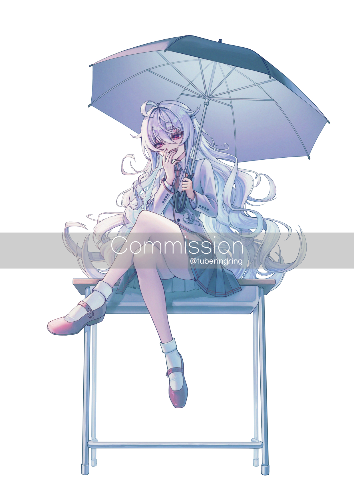tubering, character request, commission, copyright request, highres, 1girl, ahoge, crossed legs, full body, grey hair, holding, holding umbrella, long hair, miniskirt, necktie, on table, purple eyes, red necktie, shirt, simple background, sitting, skirt, smug, solo, table, thighhighs, twitter username, umbrella, white background, white shirt