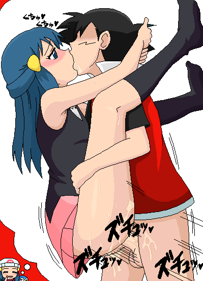 kuro hopper, ash ketchum, dawn (pokemon), piplup, nintendo, pokemon, pokemon (anime), 1boy, 1girl, = =, ass, beanie, black hair, blue eyes, blue hair, blush, bottomless, cum, cum in pussy, erection, gen 4 pokemon, hat, held up, hetero, holding, imagining, kiss, leg lift, legs up, no panties, oekaki, penis, pokemon (creature), pussy juice, sex, shota, skirt, speech bubble, suspended congress, testicles, thinking, thought bubble, uncensored, vaginal