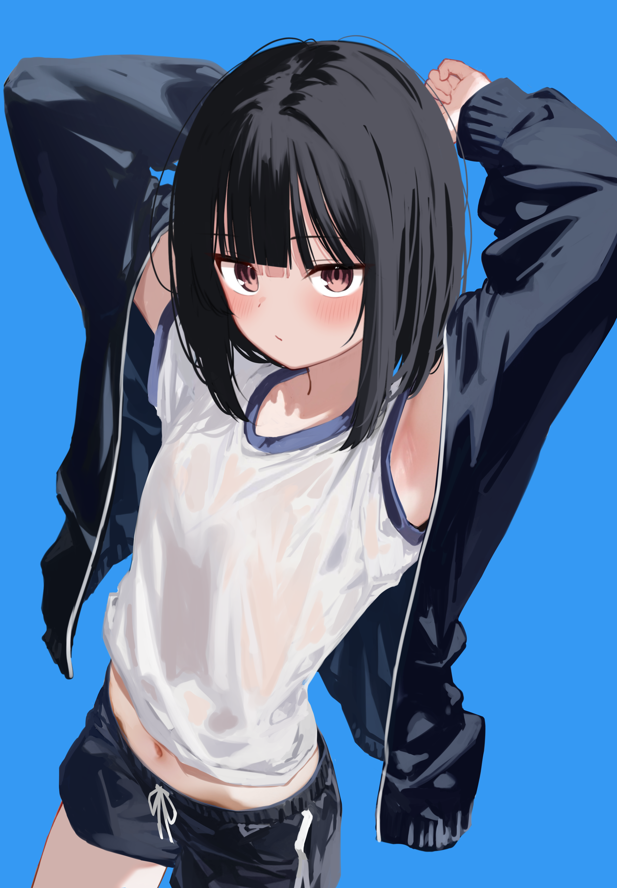memekko, bob cut girl (memekko), original, absurdres, commentary request, highres, paid reward available, 1girl, black hair, black jacket, black shorts, blue background, blush, bob cut, breasts, brown eyes, closed mouth, cowboy shot, drawstring, jacket, long sleeves, looking at viewer, navel, open clothes, open jacket, shirt, short shorts, short sleeves, shorts, simple background, small breasts, solo, track jacket, white shirt