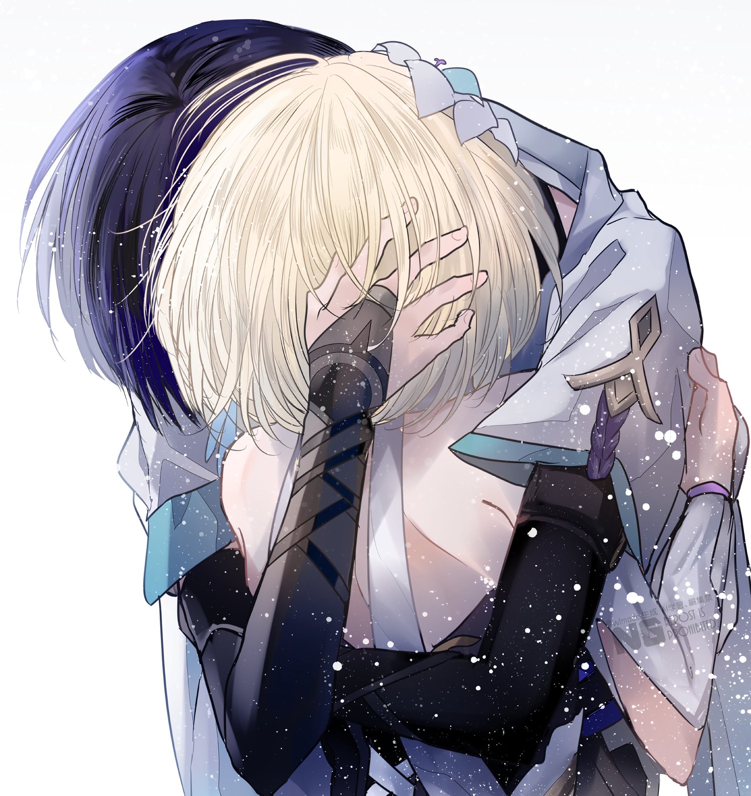 lumine (genshin impact), scaramouche (genshin impact), wanderer (genshin impact), genshin impact, highres, 1boy, 1girl, arm cutout, armor, bare shoulders, black bridal gauntlets, black corset, blonde hair, blue flower, blue sleeves, blunt ends, bridal gauntlets, clothing cutout, corset, couple, cross-laced clothes, cross-laced corset, detached sleeves, dress, fingernails, flower, furisode, hair flower, hair ornament, hand in another's hair, hand up, head down, hetero, hhlxxm, hug, japanese armor, japanese clothes, kimono, kote, kurokote, layered sleeves, median furrow, middle ring, multicolored flower, purple hair, purple rope, rope, scarf, short hair, short sleeves, shoulder blades, vambraces, watermark, white background, white dress, white flower, white kimono, white scarf, white sleeves