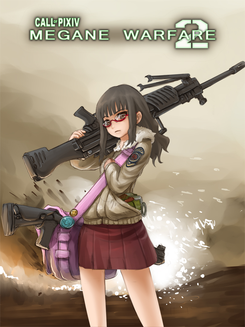 jigoku inu, call of duty, call of duty: modern warfare 2, 1girl, bag, benelli m4 super 90, female focus, glasses, gun, h&k mg4, jacket, machine gun, parody, shotgun, solo, weapon