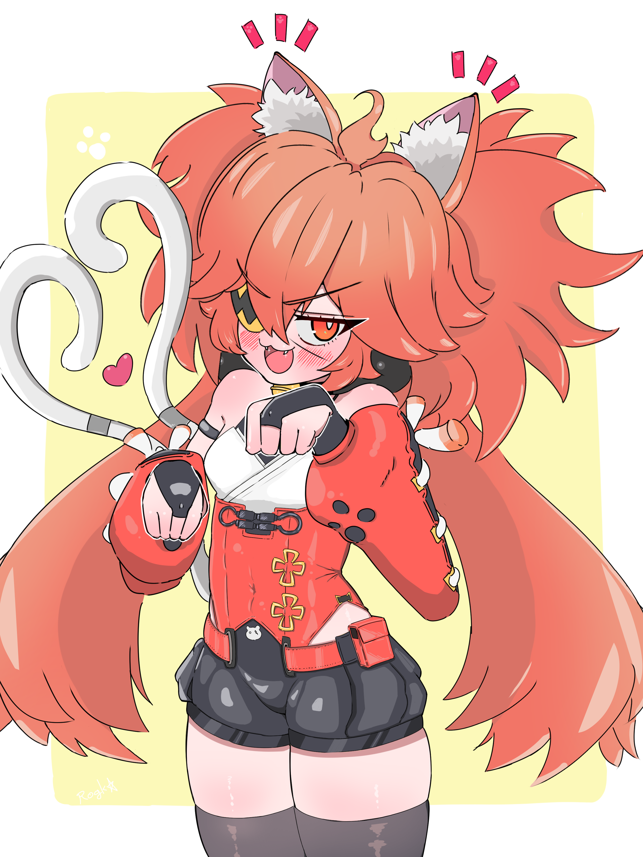 koleda belobog, nekomiya mana, zenless zone zero, absurdres, commentary request, highres, 1girl, ahoge, animal ears, eyepatch, fingerless gloves, gloves, hair between eyes, hair ornament, iamrogk, long hair, looking at viewer, red eyes, red hair, solo, sphere hair ornament, twintails