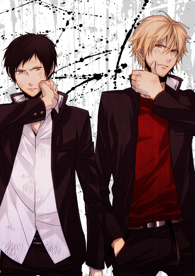 ryugo, xia (ryugo), heiwajima shizuo, orihara izaya, durarara!!, clothes, bad id, bad pixiv id, 2boys, angry, black hair, blonde hair, brown eyes, dirty, hand in pocket, jacket, male focus, multiple boys, pants, school uniform, short hair, yellow eyes