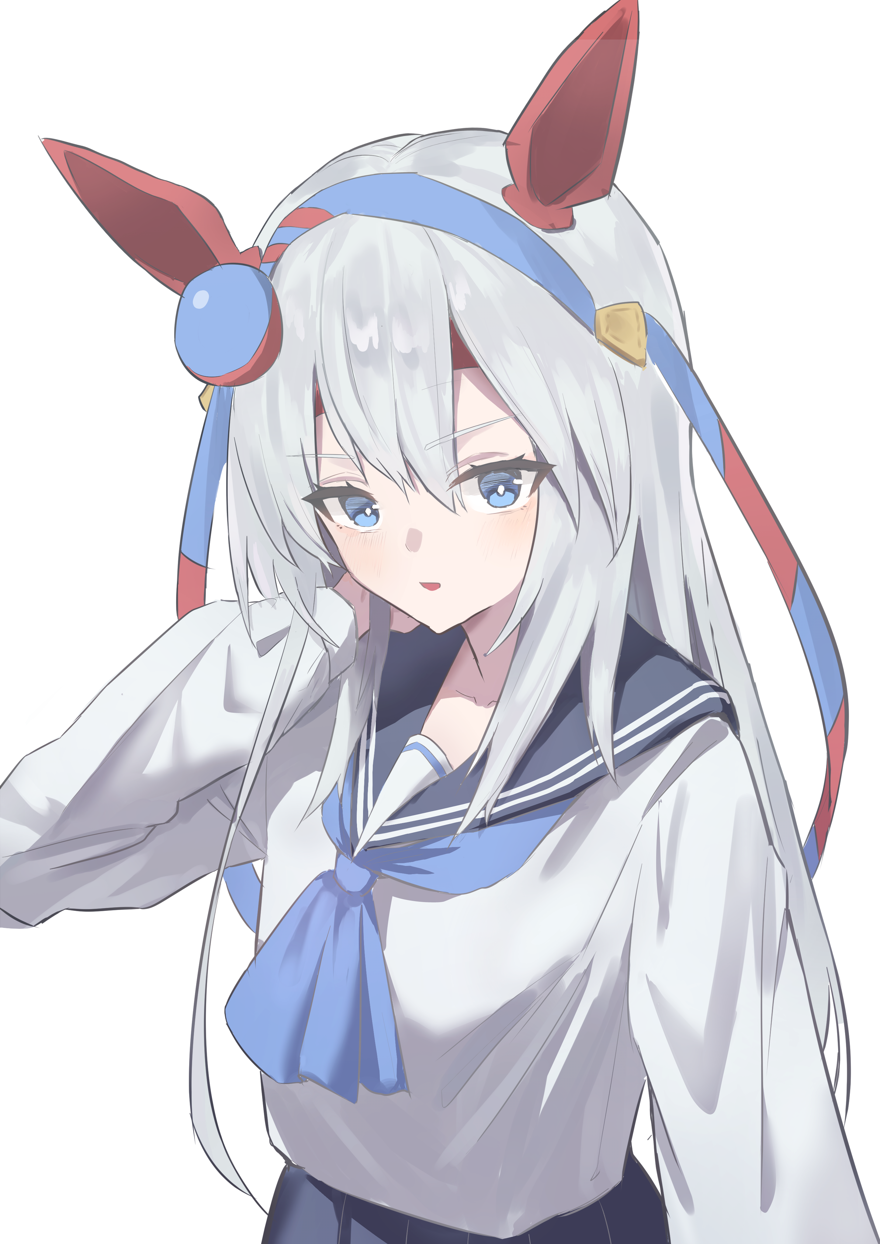 huyu (user jztp2782), tamamo cross (umamusume), umamusume, absurdres, commentary request, highres, 1girl, alternate costume, animal ears, black sailor collar, black skirt, blue eyes, blush, ear covers, grey hair, hair between eyes, horse ears, horse girl, long hair, long sleeves, looking at viewer, open mouth, sailor collar, school uniform, serafuku, shirt, simple background, skirt, solo, upper body, white background, white shirt