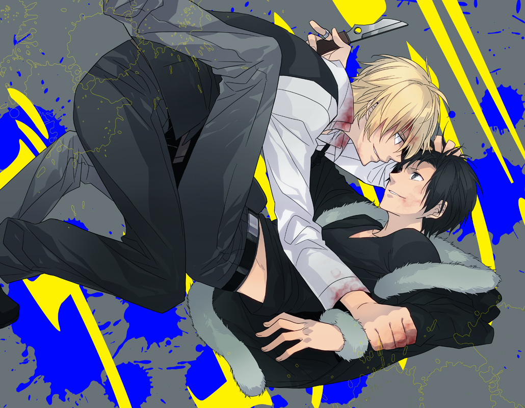 ryugo, xia (ryugo), heiwajima shizuo, orihara izaya, durarara!!, bad id, bad pixiv id, 2boys, black hair, blonde hair, blood, bow, bowtie, jacket, knife, male focus, multiple boys, smile, yaoi