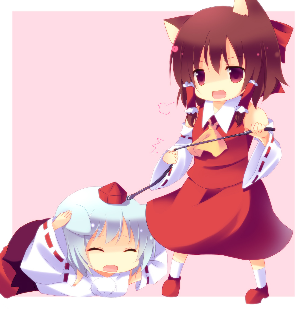 cresc-dol, hakurei reimu, inubashiri momiji, touhou, silver hair, bad id, bad pixiv id, 2girls, animal ears, brown hair, cat ears, cat girl, closed eyes, detached sleeves, female focus, hat, japanese clothes, kemonomimi mode, miko, multiple girls, red eyes, tokin hat, whip, wolf ears