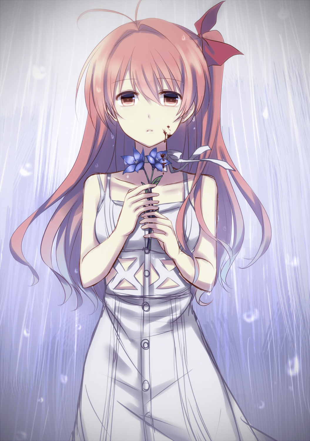 nishijou myu, sakihata rimi, chaos;head, science adventure, commentary request, highres, 1girl, antenna hair, bare arms, bare shoulders, bellflower, blood, blood on cheek, blood on face, blue flower, bow, chinese bellflower, dress, flower, hair bow, hands up, holding, holding flower, long hair, looking at viewer, one side up, orange hair, parted lips, pink eyes, rain, ribbon, solo, sundress, teeth, white dress