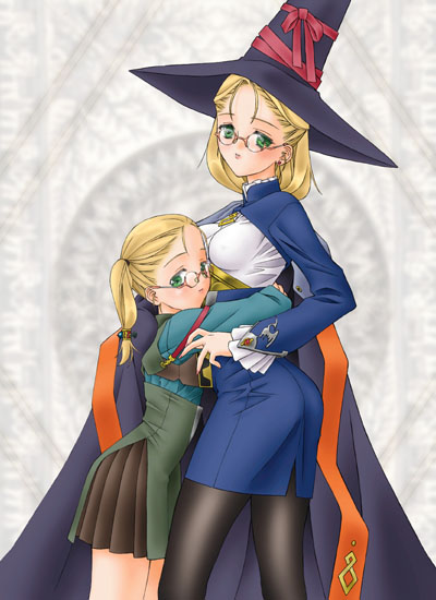 delta-e, 2girls, age difference, blonde hair, glasses, green eyes, hat, hug, multiple girls, pantyhose, pencil skirt, skirt, witch hat