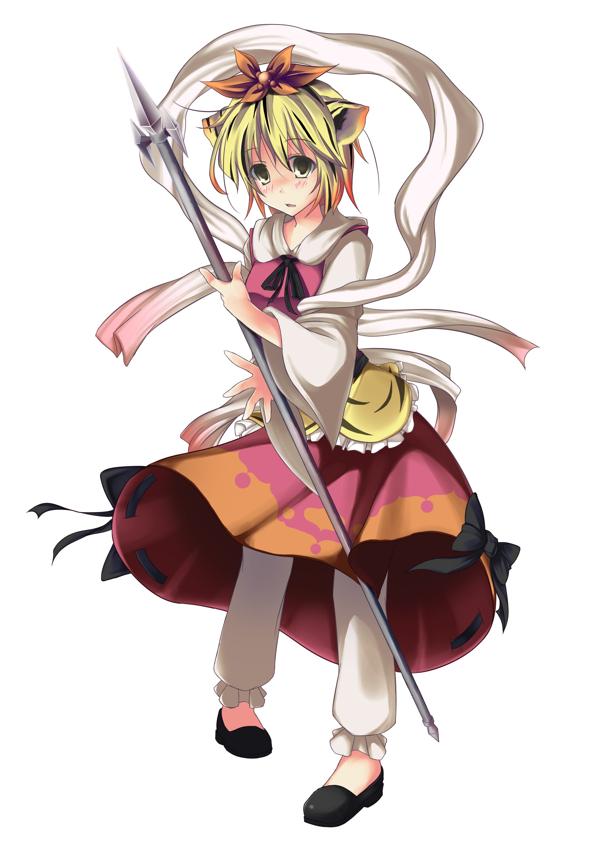 nekomushi, toramaru shou, touhou, absurdres, highres, 1girl, animal ears, female focus, full body, hair ornament, polearm, shawl, short hair, solo, spear, transparent background, weapon, yellow eyes