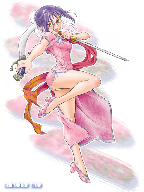 delta-e, original, md5 mismatch, resolution mismatch, source larger, china dress, chinese clothes, dao (weapon), dress, dual wielding, glasses, green eyes, hair bun, high heels, holding, jian (weapon), legs, panties, purple hair, red ribbon, ribbon, shoes, solo, sword, underwear, weapon