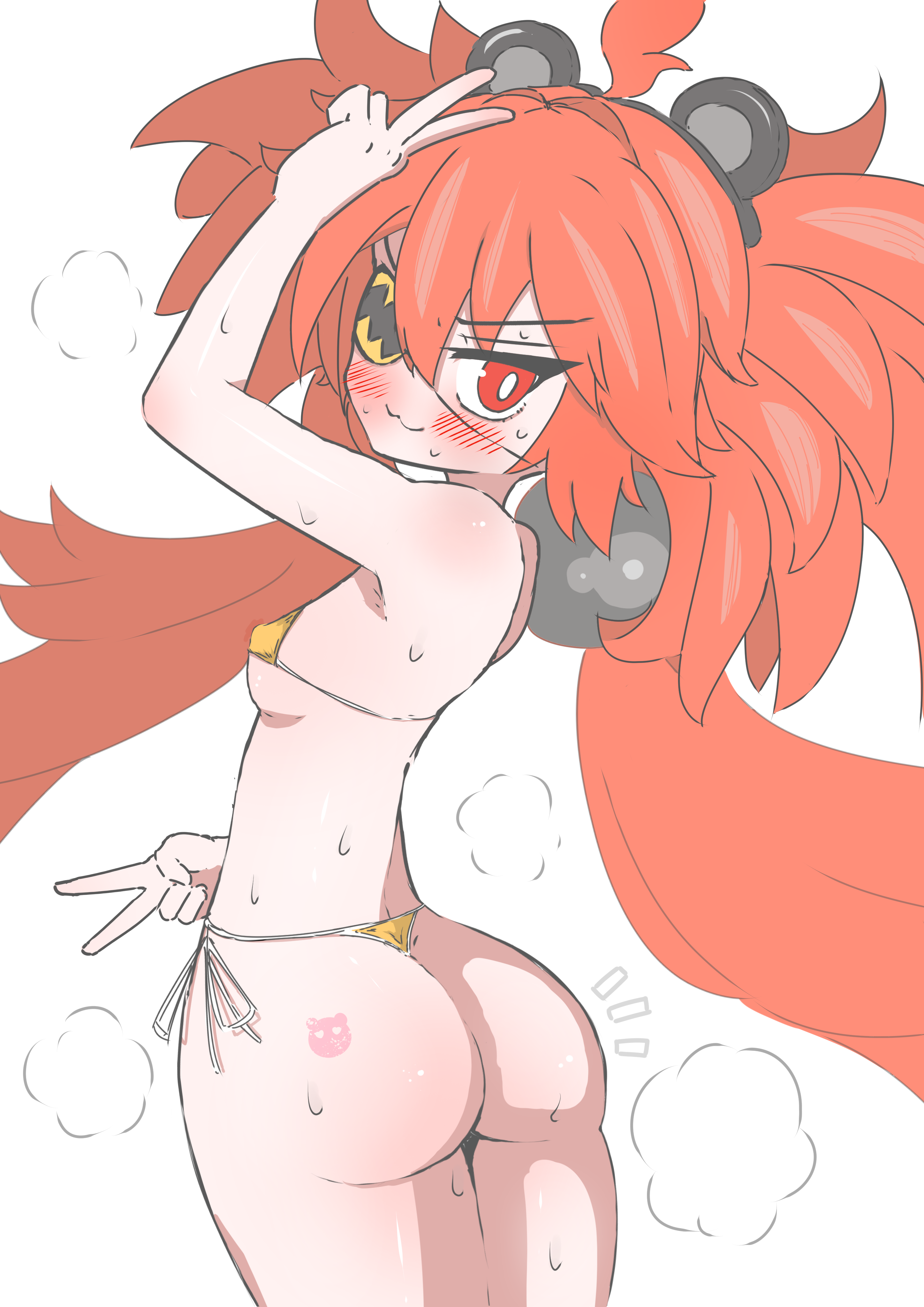 koleda belobog, zenless zone zero, absurdres, commentary request, highres, 1girl, ahoge, animal ears, bear ears, blush, breasts, eyepatch, fake animal ears, hair between eyes, hair ornament, iamrogk, long hair, looking at viewer, red eyes, red hair, simple background, solo, sphere hair ornament, twintails, white background