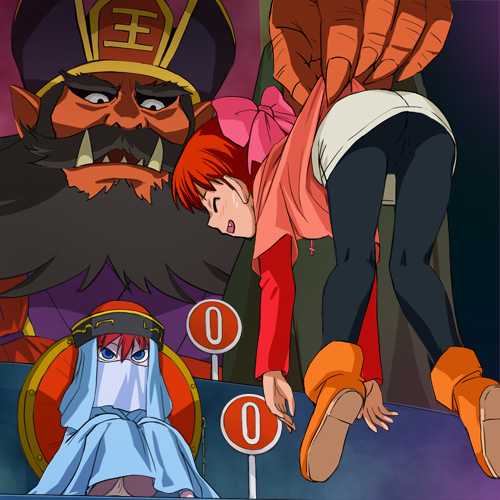 haruyama kazunori, nekomusume, gegege no kitarou, toei company, lowres, 1boy, 2girls, ass, bow, closed eyes, enma (mythology), fang, giant, hair bow, multiple girls, panties, panties under pantyhose, pantyhose, red hair, short hair, sweatdrop, underwear