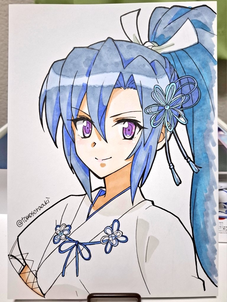 tomosoraaki, kazanari tsubasa, senki zesshou symphogear, commentary request, painting (medium), photo (medium), traditional media, 1girl, blue hair, bob cut, closed mouth, curtained hair, double-parted bangs, hair between eyes, hair ornament, long hair, looking at viewer, ponytail, purple eyes, simple background, smile, solo, twitter username, white background