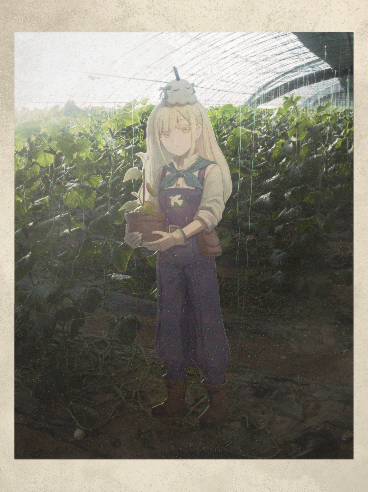 qm dvn, togawa sakiko, wakaba mutsumi, bang dream!, bang dream! it's mygo!!!!!, chinese commentary, commentary request, highres, 1girl, blue neckerchief, blue overalls, closed mouth, cucumber plant, gloves, green hair, greenhouse, hair ornament, hairclip, neckerchief, octopus, overalls, plant, potted plant, standing, white gloves, yellow eyes