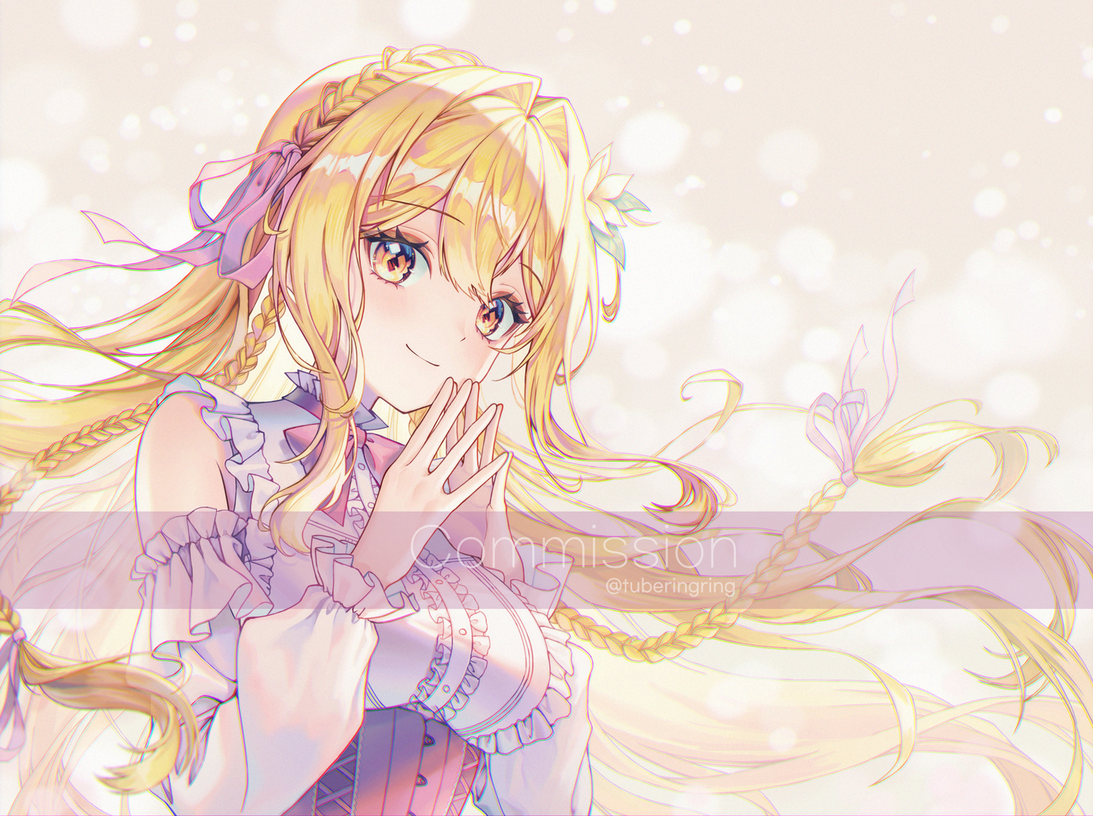 tubering, character request, commission, copyright request, 1girl, bare shoulders, blonde hair, breasts, closed mouth, long hair, medium breasts, smile, solo, twitter username, upper body, yellow eyes