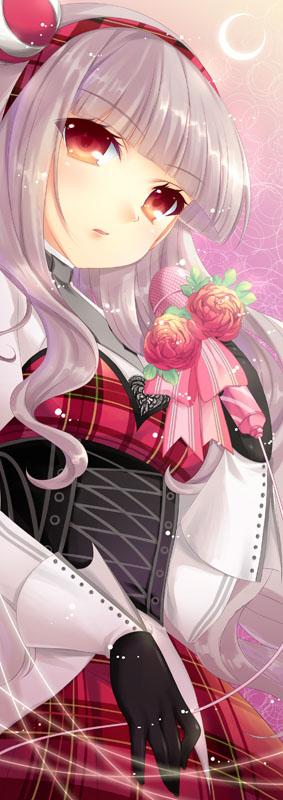 mitsumomo mamu, shijou takane, idolmaster, idolmaster (classic), flower, gloves, hair ornament, hairband, purple hair, red eyes, solo