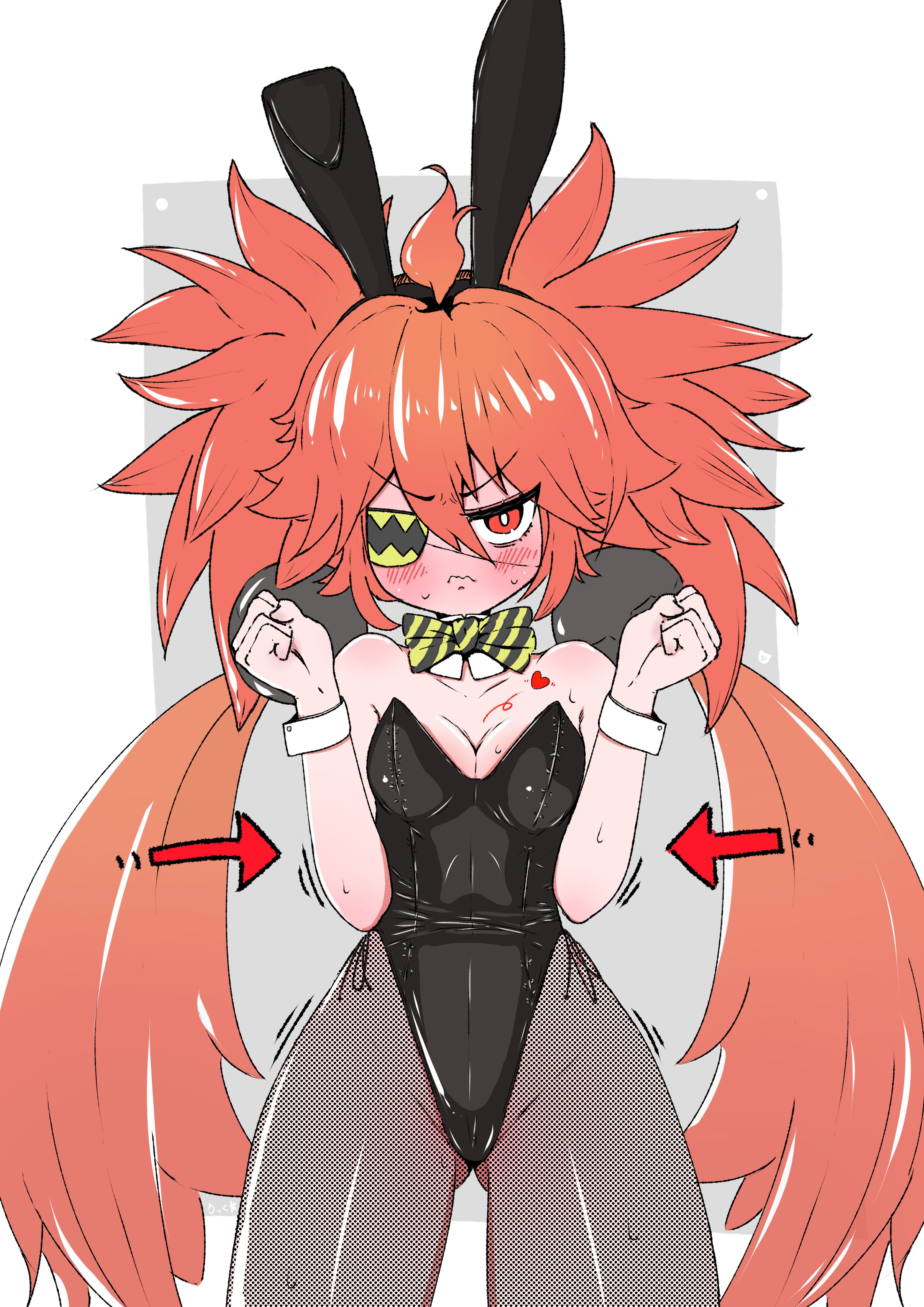 koleda belobog, zenless zone zero, absurdres, commentary request, highres, 1girl, ahoge, animal ear hairband, animal ears, bare shoulders, breasts, eyepatch, fake animal ears, hair between eyes, hair ornament, hairband, iamrogk, long hair, looking at viewer, playboy bunny, rabbit ear hairband, rabbit ears, red eyes, red hair, solo, sphere hair ornament, twintails, white wrist cuffs, wrist cuffs