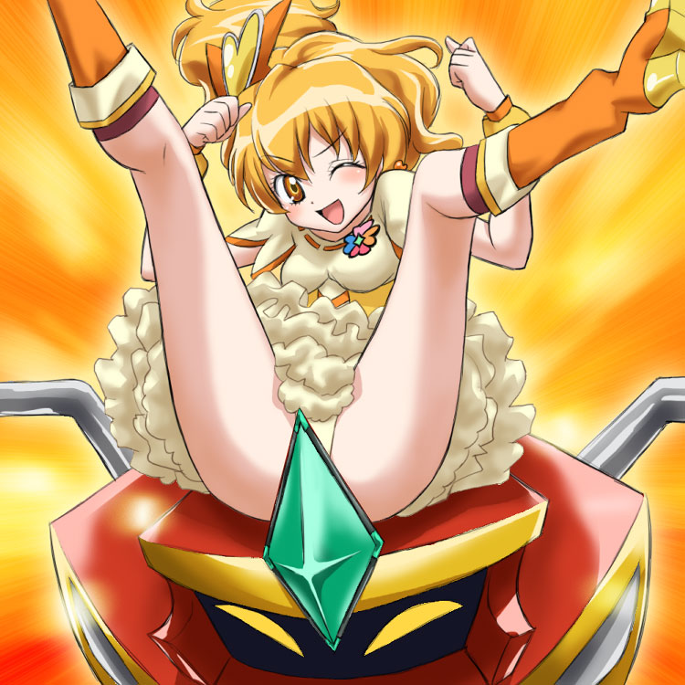 hajime (caramel toone), cure pine, yamabuki inori, fresh precure!, precure, 00s, 1girl, ;d, asymmetrical hair, blush, boots, eyelashes, female focus, frills, hair ornament, heart, heart hair ornament, knee boots, legs, magical girl, matching hair/eyes, one eye closed, open mouth, orange eyes, orange hair, petticoat, side ponytail, smile, solo, spread legs, wink