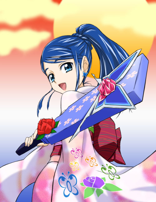 hajime (caramel toone), minazuki karen, precure, yes! precure 5, 00s, 1girl, alternate hairstyle, blue eyes, blue hair, bug, butterfly, female focus, flower, furisode, hagoita, hanetsuki, japanese clothes, kimono, long hair, looking back, matching hair/eyes, new year, outdoors, paddle, ponytail, rose, sky, solo, sunrise