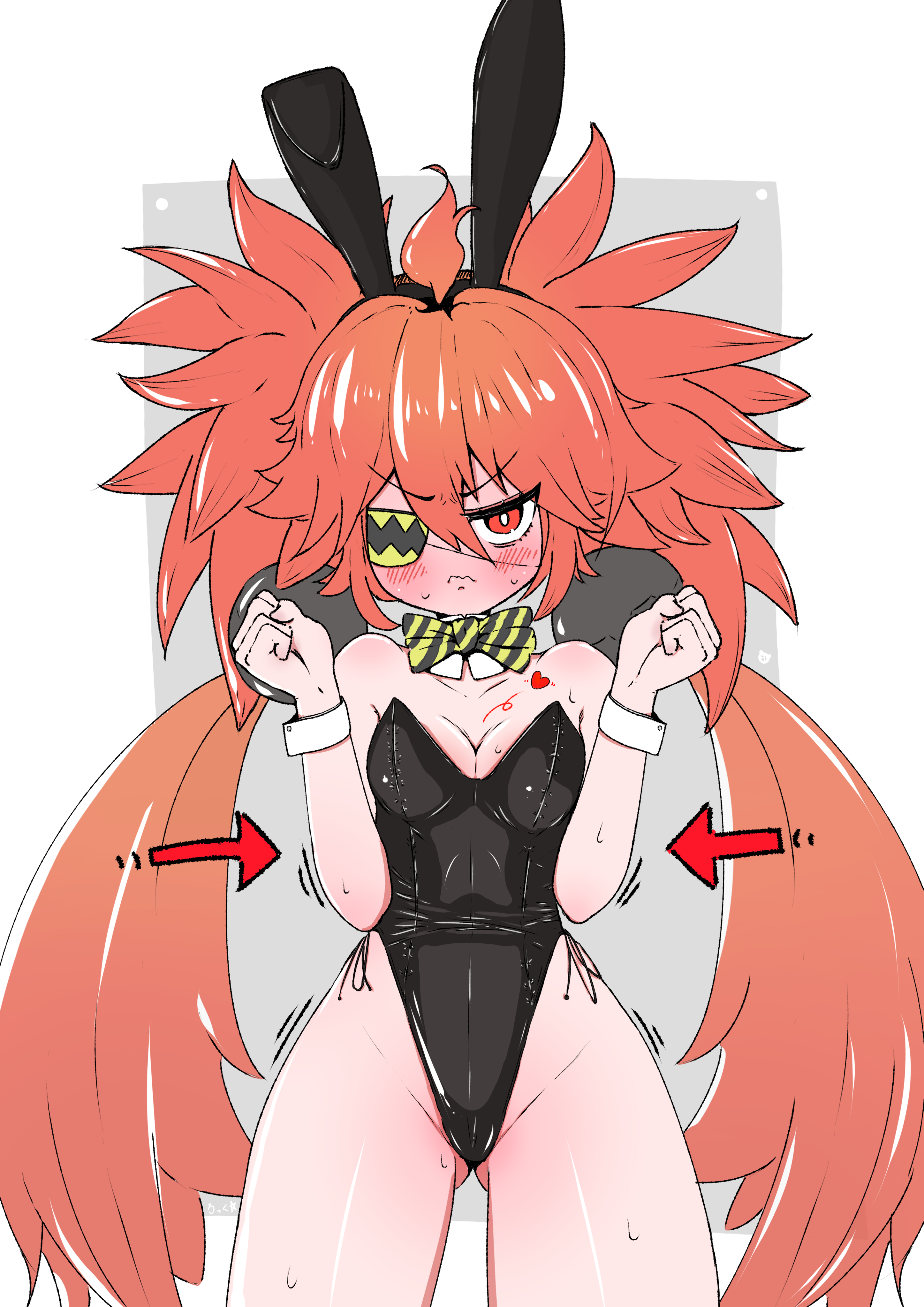 koleda belobog, zenless zone zero, absurdres, commentary request, highres, 1girl, ahoge, animal ears, bare shoulders, blush, eyepatch, fake animal ears, hair between eyes, hair ornament, iamrogk, long hair, looking at viewer, playboy bunny, red eyes, red hair, solo, sphere hair ornament, twintails, wrist cuffs