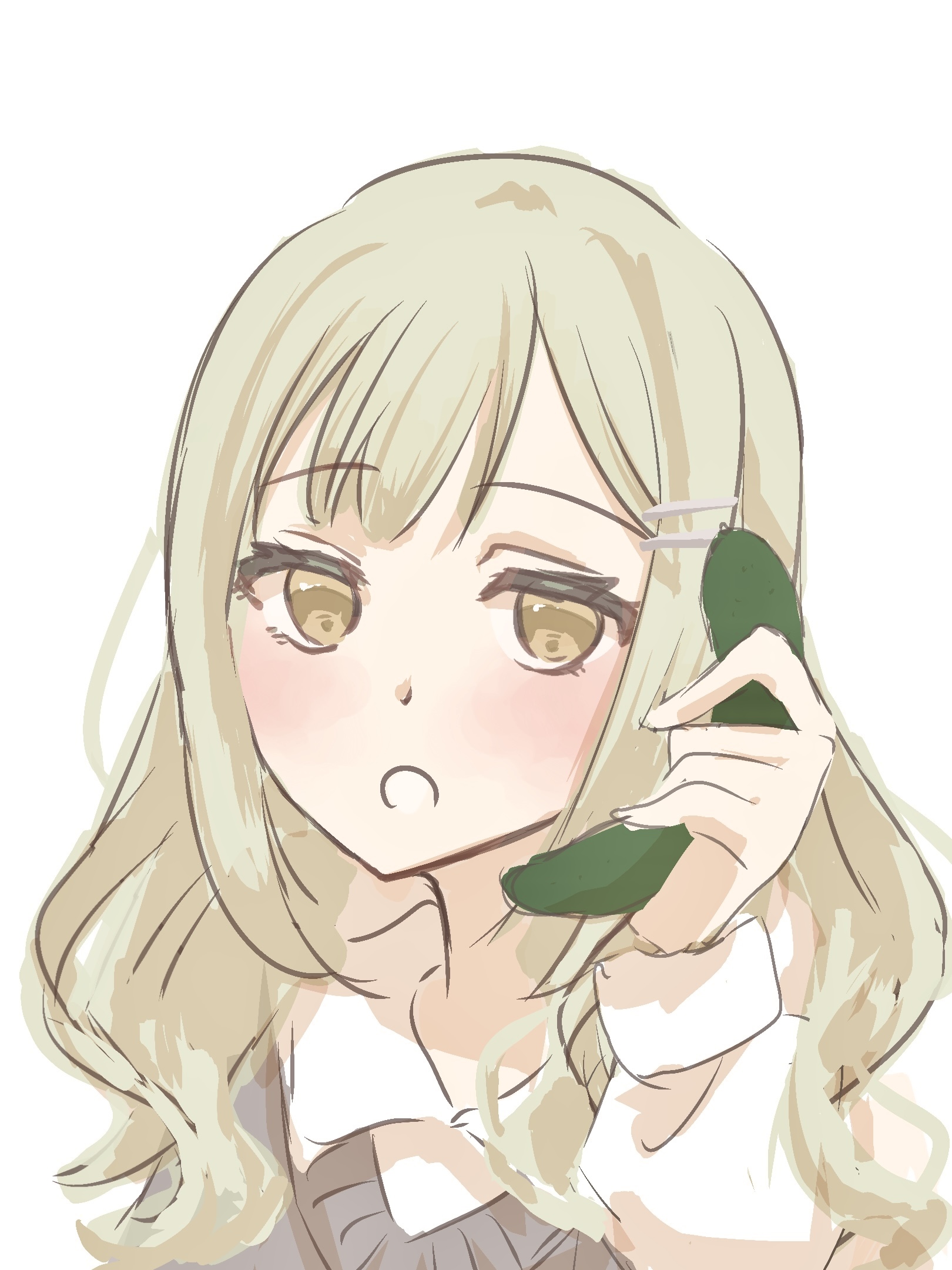 mortis (bang dream!), mortis (persona) (bang dream!), wakaba mutsumi, bang dream!, bang dream! it's mygo!!!!!, commentary request, highres, 1girl, cucumber, green hair, hair ornament, hairclip, long hair, open mouth, parallel hairclips, portrait, salted butter m, simple background, solo, white background, yellow eyes