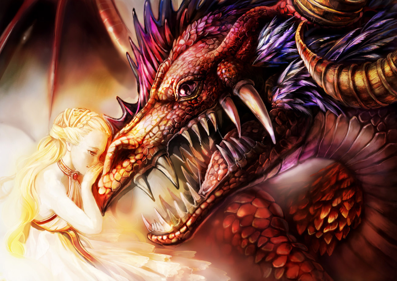 umedama, umedama riko, original, bad id, bad pixiv id, 1girl, blonde hair, braid, dragon, dress, female focus, horns, long hair, red eyes, solo, teeth