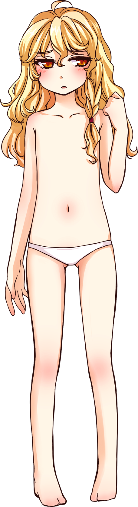 matilda (matildax), kirisame marisa, touhou, highres, long image, tall image, 1girl, ahoge, barefoot, blonde hair, blush, female focus, flat chest, full body, loli, long hair, navel, no nipples, panties, red eyes, solo, topless female, transparent background, underwear, underwear only