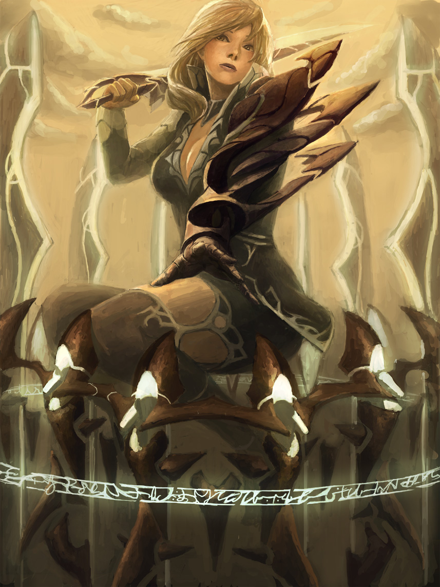 shimizu (ryouta), original, 1girl, armor, blonde hair, breasts, brown eyes, cleavage, cloud, female focus, large breasts, legs, lips, long hair, outdoors, sky, solo, sword, thighhighs, weapon