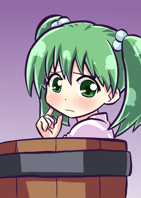 tennouji mamichi, tennouji masamichi, kisume, touhou, 1girl, blush, bucket, female focus, green eyes, green hair, hair bobbles, hair ornament, in bucket, in container, matching hair/eyes, solo, twintails
