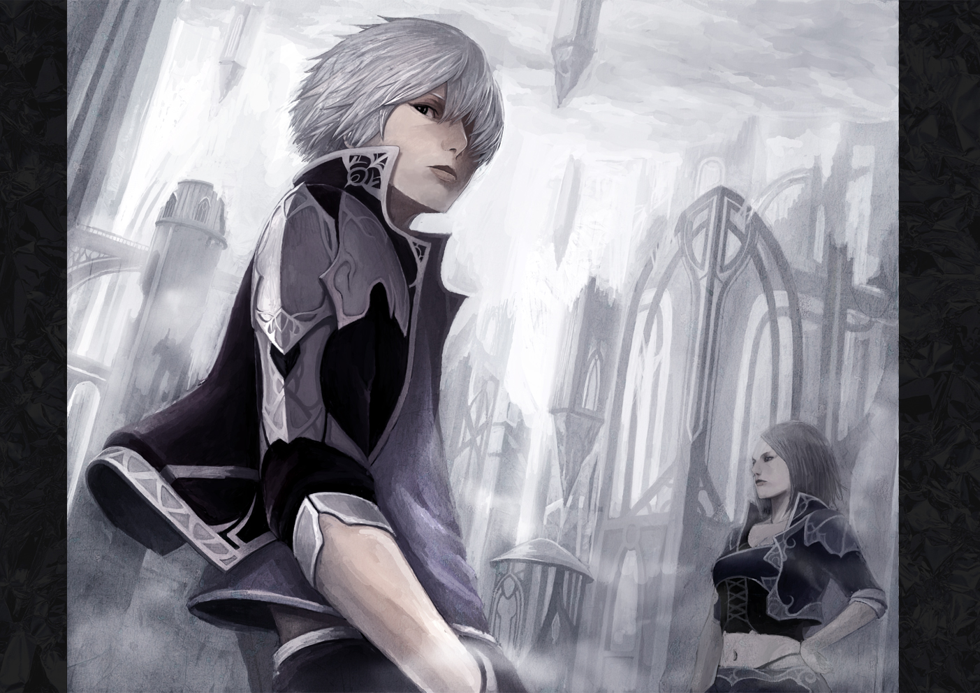 shimizu (ryouta), black eyes, brown hair, city, grey hair, hair over one eye, midriff, short hair