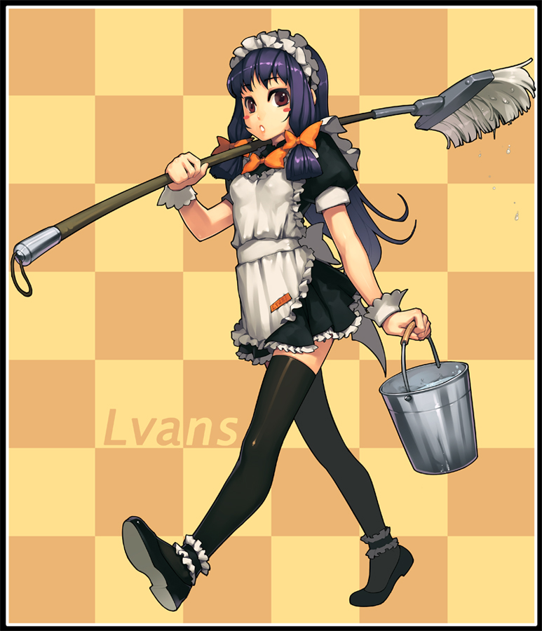 lvans, original, apron, black hair, brown eyes, legs, long hair, maid, maid apron, mop, skirt, solo, thighhighs