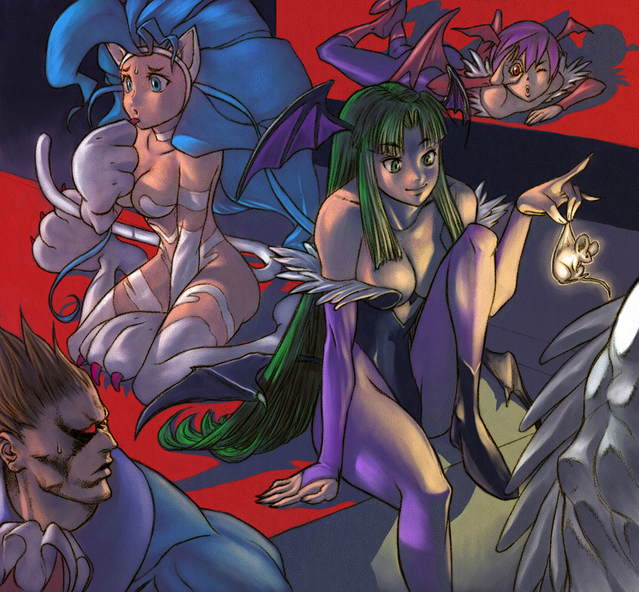 chiwawa dx, demitri maximoff, felicia (darkstalkers), lilith (darkstalkers), morrigan aensland, capcom, darkstalkers, fur, 3girls, animal ears, animal hands, bare shoulders, bat wings, big hair, blue eyes, blue hair, boots, breasts, brown hair, cat ears, cat paws, cat tail, cleavage, demon girl, elbow gloves, feathers, fingerless gloves, flat chest, gloves, green eyes, green hair, head wings, leotard, long hair, mouse (animal), multiple girls, pantyhose, purple hair, red eyes, short hair, tail, wings