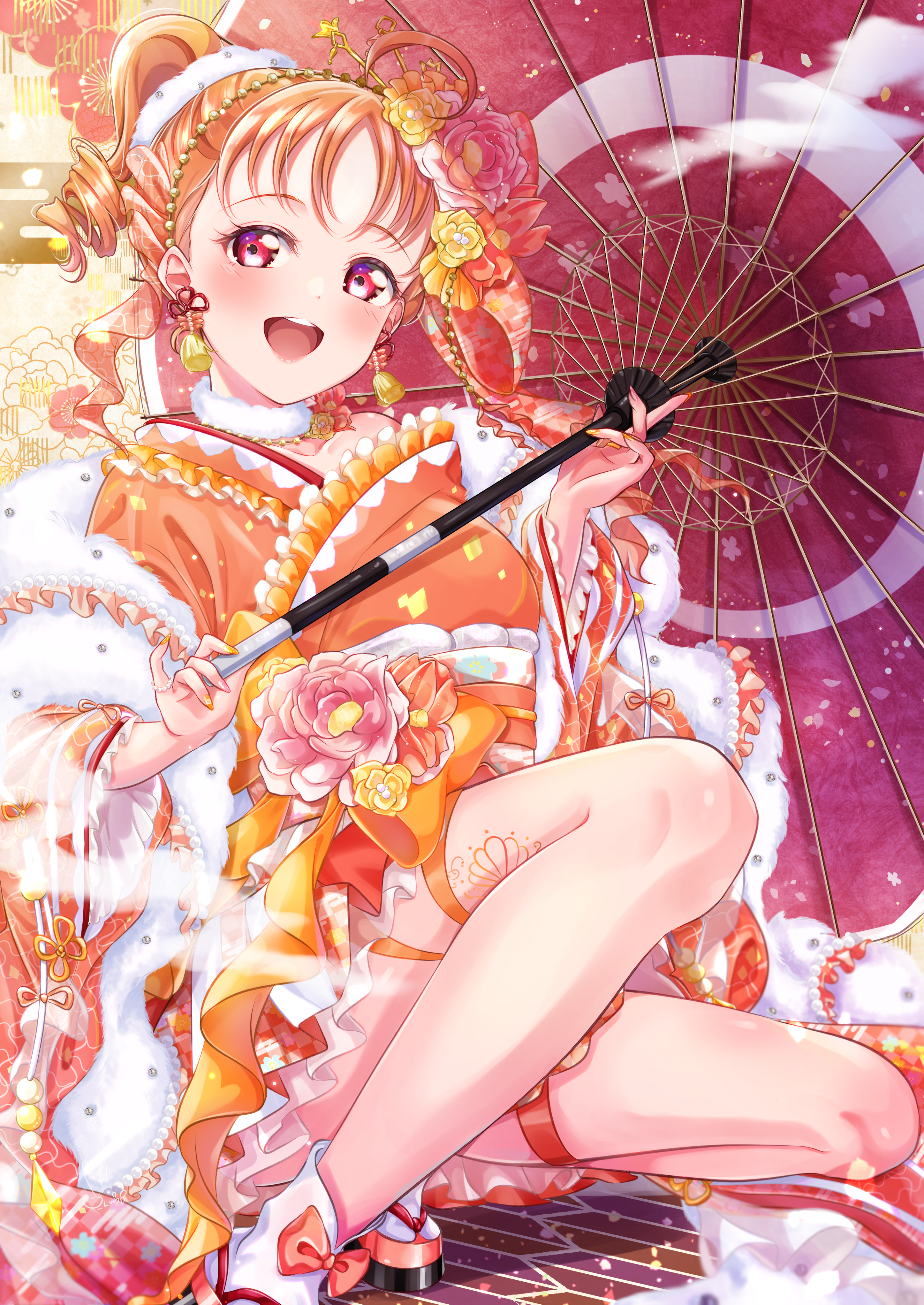 iroenpitsu xxx, takami chika, love live!, love live! sunshine!!, absurdres, commentary request, highres, textless version, 1girl, 2026, ahoge, alternate costume, alternate hairstyle, earrings, flower, holding, holding umbrella, japanese clothes, jewelry, kimono, oil-paper umbrella, open mouth, orange eyes, orange hair, orange kimono, platform sandals, red umbrella, sandals, short hair, solo, squatting, tabi, teeth, umbrella, upper teeth only