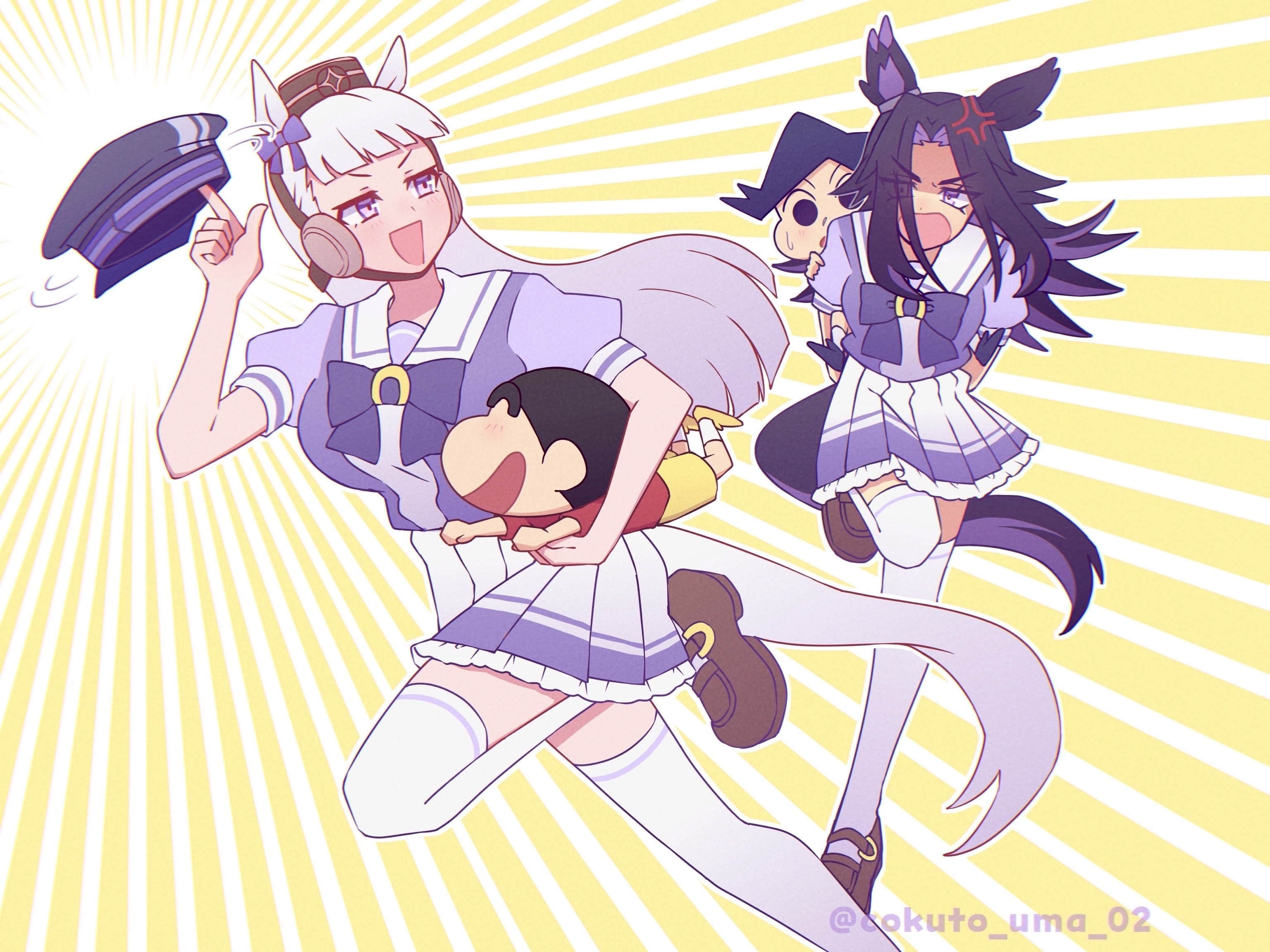 w3n6e, fenomeno (umamusume), gold ship (umamusume), kazama tooru, nohara shinnosuke, crayon shin-chan, umamusume, commentary request, highres, 2boys, 2girls, anger vein, animal ears, black hair, blunt bangs, bow, bowtie, breasts, brown hat, crossover, ear bow, ears through headwear, flipped hair, grey hair, hat, holding, holding unworn clothes, holding unworn hat, horse ears, horse girl, horse tail, long hair, multicolored hair, multiple boys, multiple girls, open mouth, peaked cap, pillbox hat, pleated skirt, puffy short sleeves, puffy sleeves, purple bow, purple bowtie, purple eyes, purple hair, purple shirt, red shirt, sailor collar, school uniform, shirt, shoes, short sleeves, shorts, skirt, smile, socks, spoken anger vein, tail, thighhighs, tracen school uniform, unworn hat, unworn headwear, white sailor collar, white skirt, white socks, white thighhighs, yellow shorts