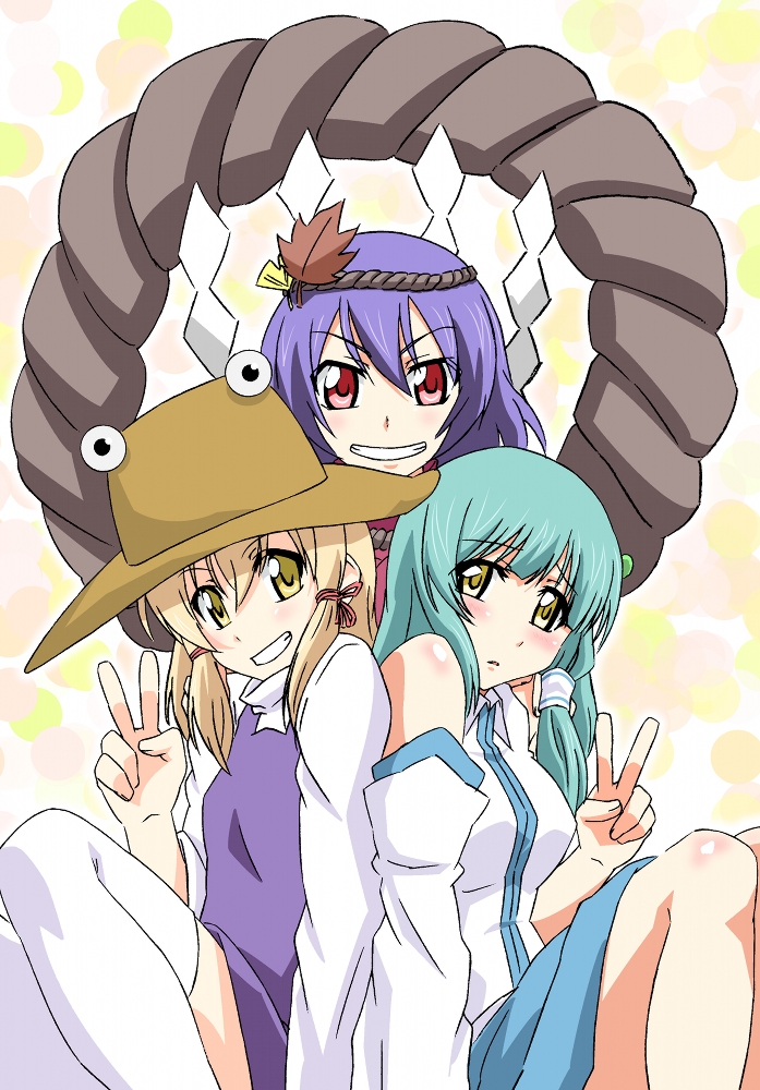 moaai (taiyou moaai), kochiya sanae, moriya suwako, yasaka kanako, touhou, 3girls, female focus, hair ornament, hat, leaf hair ornament, multiple girls, panties, thighhighs, underwear, v