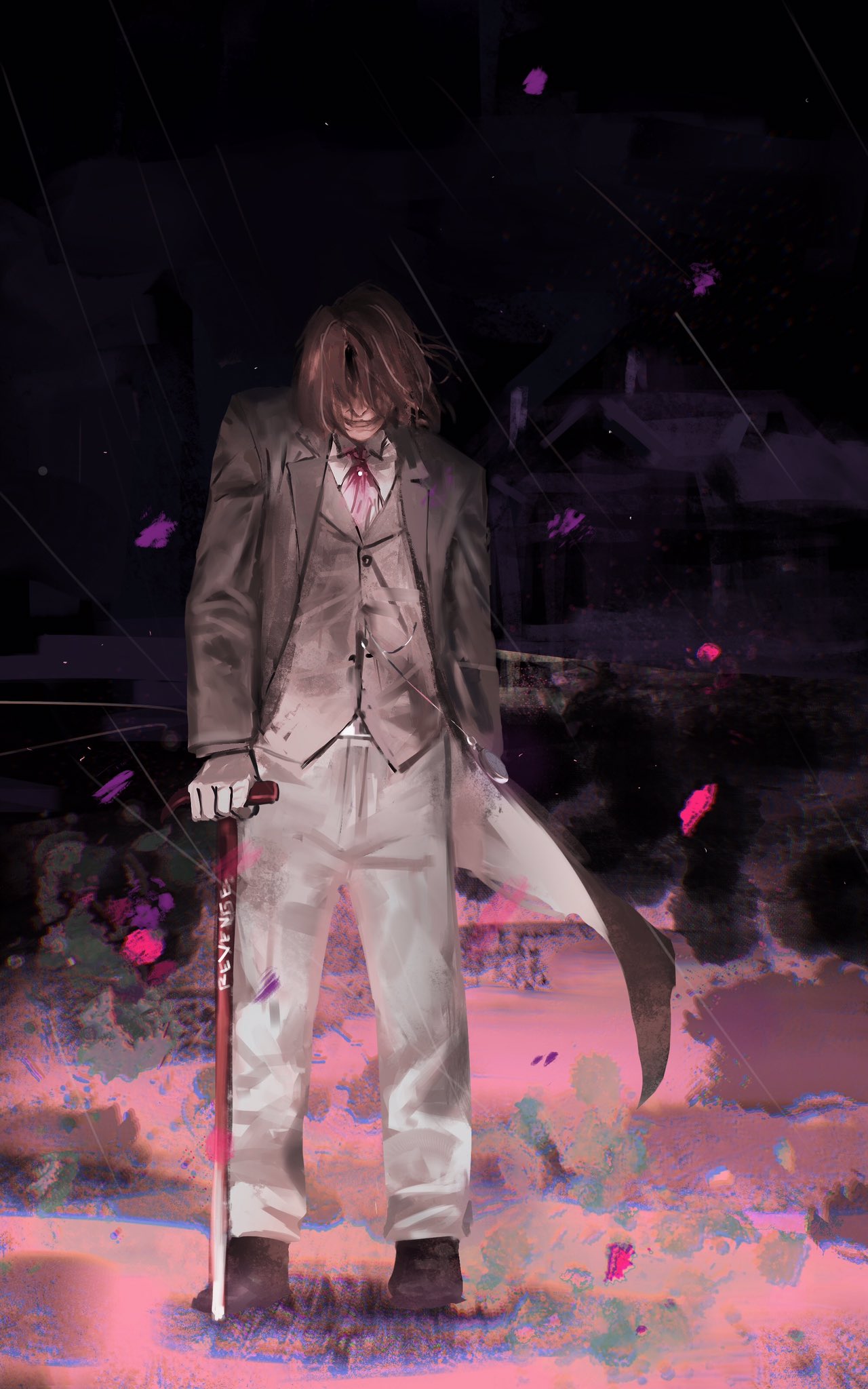 heathcliff (project moon), limbus company, project moon, wuthering heights, commentary, english commentary, highres, 1boy, alternate universe, black coat, black jacket, black shoes, black suit, brown hair, cane, coat, collared shirt, evil smile, formal clothes, full body, hair over eyes, heather (flower), holding, holding cane, hvcassini98, jacket, lapels, male focus, mansion, messy hair, necktie, night, notched lapels, open clothes, open coat, out of character, pants, purple necktie, rain, shirt, shoes, sky, smile, solo, standing, suit, suit jacket, white pants, white shirt