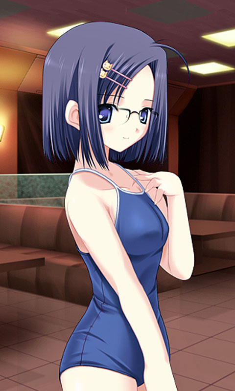 sawai maya, da capo, da capo ii, 1girl, black hair, blue eyes, competition school swimsuit, female focus, glasses, hair ornament, hairclip, one-piece swimsuit, school swimsuit, short hair, solo, swimsuit