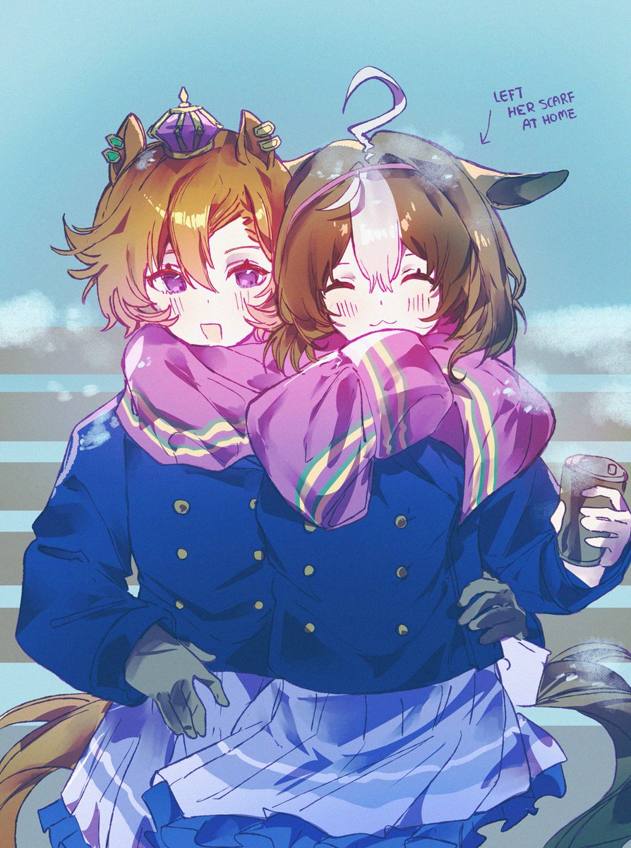 meisho doto (umamusume), t.m. opera o (umamusume), umamusume, commentary, highres, 2girls, ahoge, animal ears, arm around waist, arrow (symbol), blue coat, blush, brown hair, buttons, can, closed eyes, closed mouth, coat, crown, double-breasted, double-parted bangs, drink can, english text, gloves, hair between eyes, hairband, holding, holding can, horse ears, horse girl, horse tail, john uma, long sleeves, medium hair, mini crown, multicolored hair, multiple girls, open mouth, orange hair, orange tail, pink crown, pink hairband, pink scarf, purple eyes, purple serafuku, purple skirt, scarf, school uniform, serafuku, shared clothes, shared scarf, short hair, skirt, smile, tail, tracen school uniform, tracen winter coat, two-tone hair, white hair, winter clothes, winter coat, winter uniform, yuri