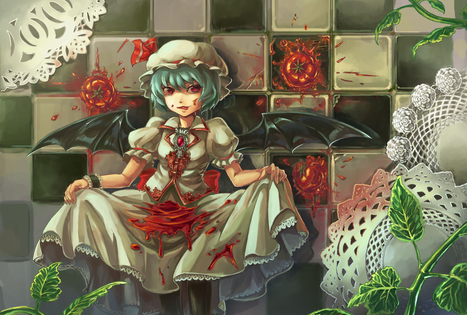 yuumeibokumeimei, remilia scarlet, touhou, bad id, bad pixiv id, 1girl, bat wings, blue hair, female focus, hat, plant, red eyes, short hair, skirt hold, solo, standing, tomato, wings