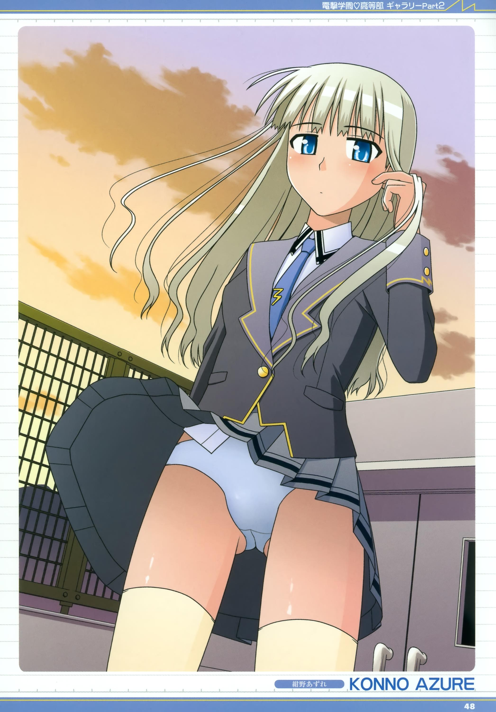 konno azure, absurdres, highres, blonde hair, blue eyes, blush, long hair, necktie, panties, solo, underwear, wind, wind lift