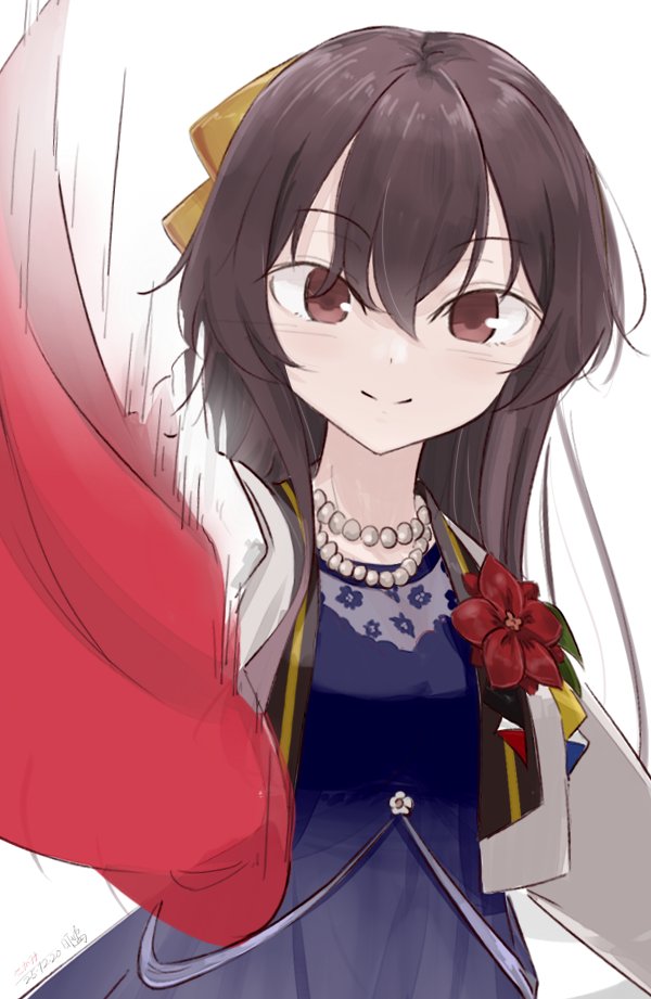 hikashima (shiofune), mikasa (kancolle), kantai collection, 1girl, black dress, black hair, black jacket, bow, brown eyes, dress, hair bow, jacket, jewelry, long hair, looking at viewer, necklace, pearl necklace, simple background, smile, solo, upper body, white background, yellow bow