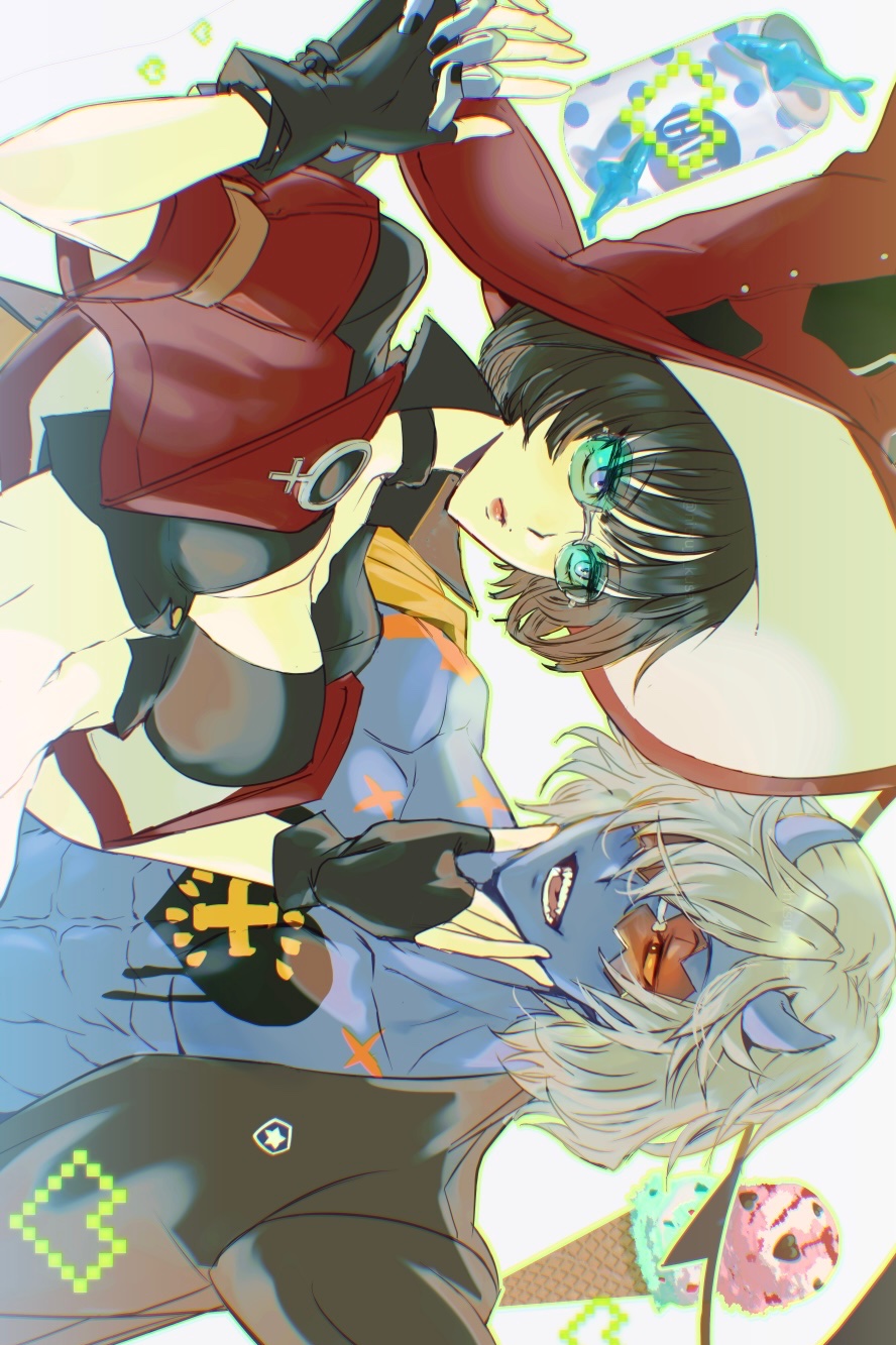 hitsuji kusa, happy chaos, i-no, guilty gear, guilty gear strive, commentary request, highres, 1boy, 1girl, black bra, black choker, black gloves, black hair, black jacket, blue horns, blue skin, bra, breasts, can, chest tattoo, choker, closed mouth, colored skin, cropped jacket, drink can, fingerless gloves, gloves, green-tinted eyewear, hand on another's chin, hat, heart, heart tattoo, holding hands, horns, ice cream cone, interlocked fingers, jacket, large breasts, looking at another, navel, no shirt, open clothes, open jacket, open mouth, orange-tinted eyewear, pink lips, pixel heart, red hat, red jacket, short hair, sideways, soda can, sunglasses, tattoo, teeth, tinted eyewear, toned, toned male, underwear, upper body, white hair, witch hat, x-shaped eyewear