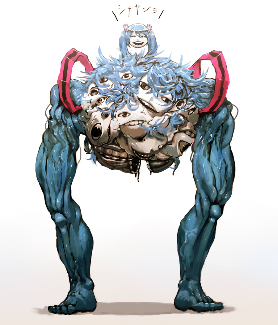 kahadu (kawazu), hatsune miku, shiteyan'yo, vocaloid, aqua hair, creepy, fusion, horror (theme), legs, muscular, simple background, smile, smirk, standing, twintails, what
