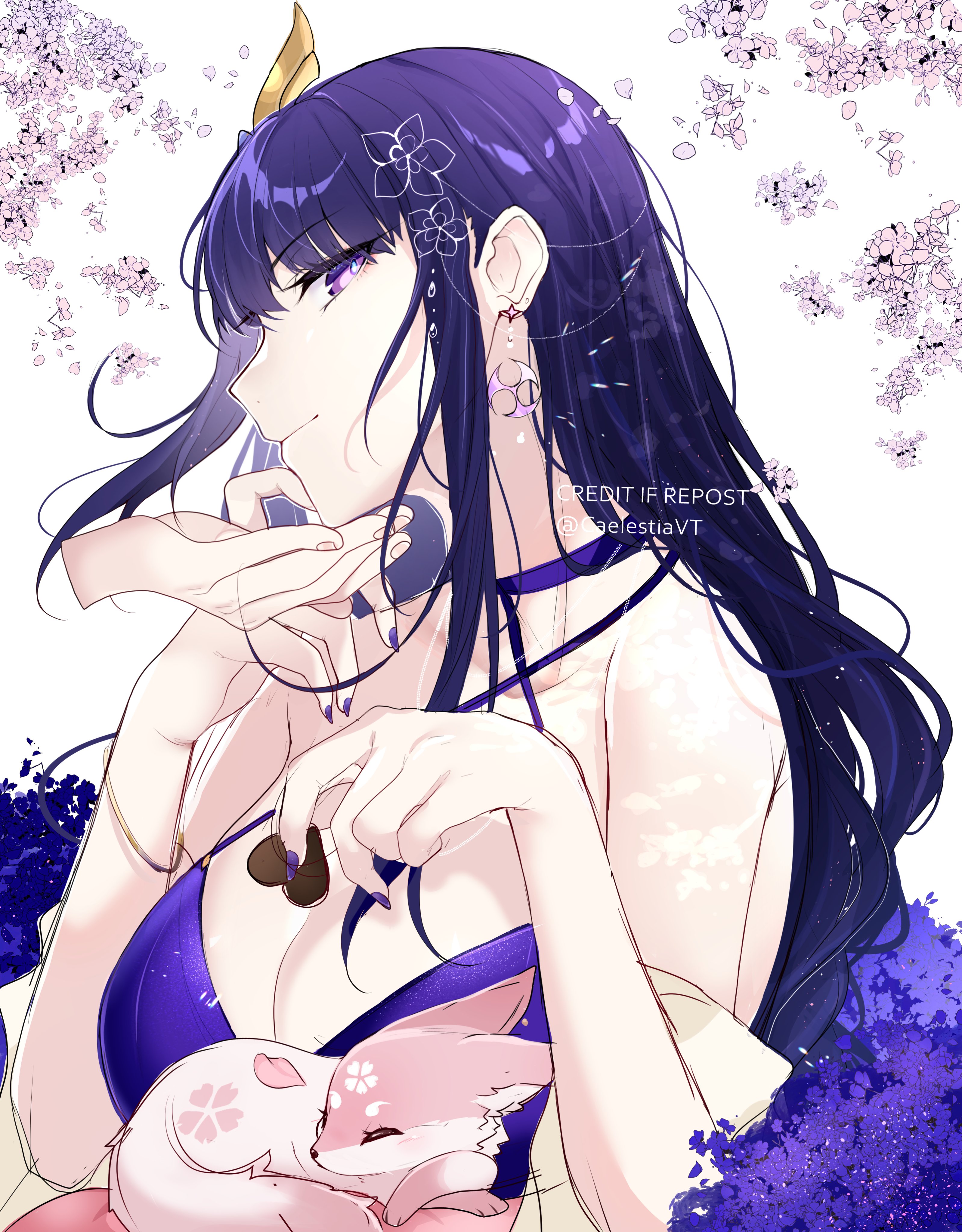 katsumi (katsumissan), raiden shogun, yae miko, yae miko (fox), genshin impact, absurdres, commentary, english commentary, highres, 1other, 2girls, alternate costume, artist name, bare shoulders, blue pupils, blunt bangs, bracelet, breasts, candy, cherry blossoms, chocolate, chocolate heart, cleavage, closed mouth, couple, dappled sunlight, dress, earrings, falling petals, female pov, food, fox, fox girl, from side, hair ornament, happy birthday, heart, heart-shaped food, holding, holding food, jewelry, large breasts, light smile, long hair, looking to the side, multicolored eyes, multiple girls, petals, pink petals, pov, pov hands, purple dress, purple eyes, purple hair, purple nails, shade, solo focus, sunlight, sweets, tree shade, wavy hair, white background, yuri