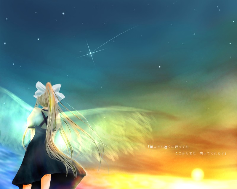 niichi (komorebi-palette), kamio misuzu, air (visual novel), translation request, 00s, 1girl, blonde hair, female focus, from behind, from below, long hair, ponytail, school uniform, solo, sunset, very long hair, wings